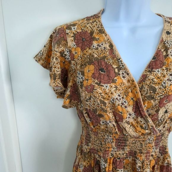 Jessica Simpson Floral Brown Beige and Orange V neck mini Dress size SX - Picture 5 of 8